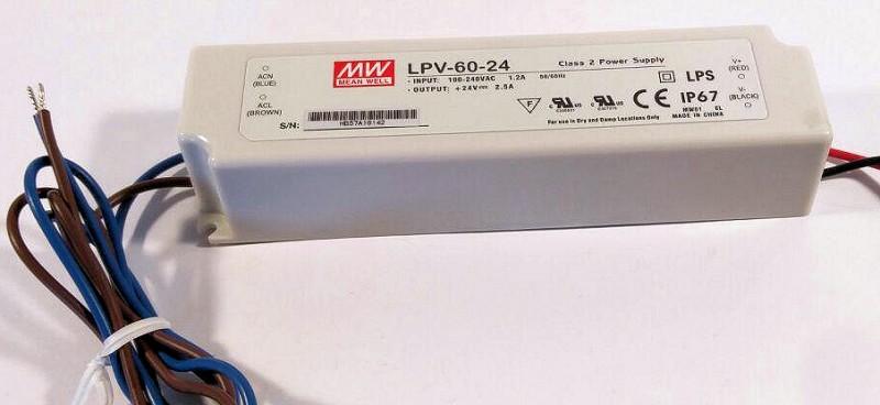 Dies sind: Netzteil LPV-60-24 Typ: gekapseltes Schaltnetzteil Eingang: 90-264 Volt Wechselspannung Ausgang: 24 Volt, 2,5 Ampere Ausgangsleistung: 60 Watt