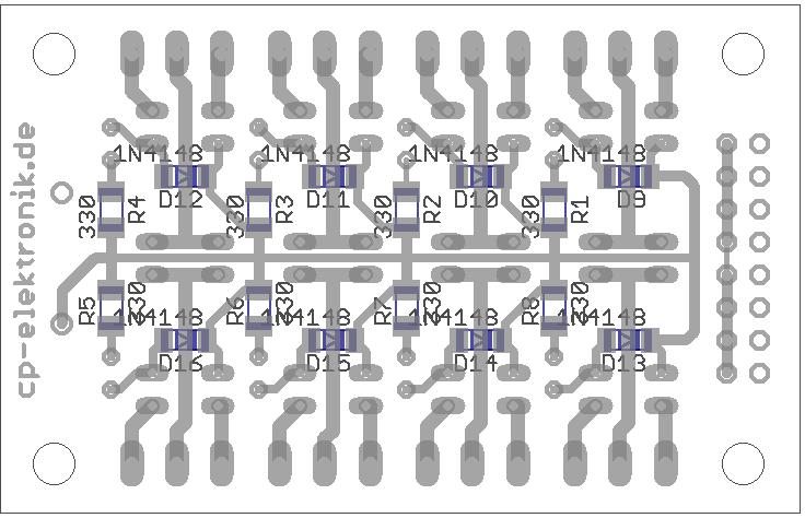 Abbildung 1: Bestückungsplan 8-Kanal Relais Modul Lötseite R1-R8: 330 Ω (Aufdruck: 331) für die 5V-Version bzw. R1-R8: 1 kω (Aufdruck: 102) für die 12V-Version. 2.3.3 Dioden Löten Sie nun die Dioden D9 bis D16 ein.