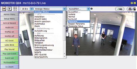 Virtueller PTZ und spezielle Q24M-Konfiguration 125/156 Wandmontage: Einstellung und Korrektur der Standardansicht Panorama Kameralivebild mit Panoramakorrektur Hochauflösendes 180 -Panorama