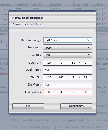 wählen. Nun gilt es die oben angeführten Ports durch die Octogate Firewall weiterzuleiten.