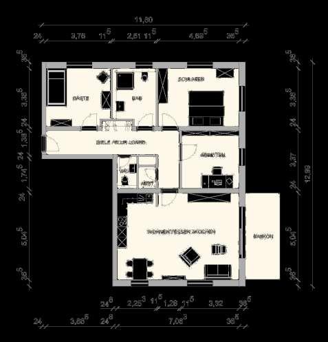Grundrisse Wohnungen Grundriss Wohnung 1 und 4 Wohnen/Essen/Kochen: 35,05 m² Schlafen: 15,56 m² Gast: 12,19 m²