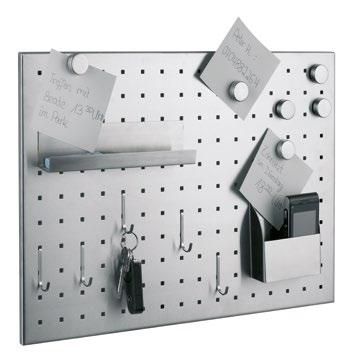 Edelstahl gebürstet Maße (H/B/T): 35/50/1 cm Perforated Magnet Board brushed stainless steel, including: - 5 hooks - 5 magnets -