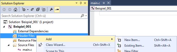2.3 Neue Headerdatei hinzufügen Nach erfolgreichem Anlegen Ihres Projektes können Sie nun eine neue Headerdatei erzeugen und zum