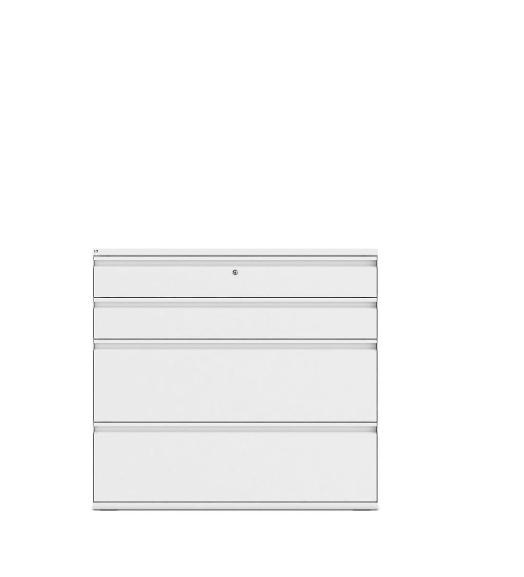 Sortiment Schubladenschränke LO One Schubladenschrank aus Stahl, der in zwei Höhen und zwei Breiten verfügbar ist, lässt sich mit einer unterschiedlichen Kombination von Schubladen bestücken.