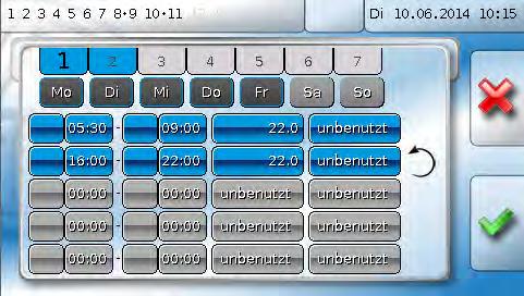 Schaltuhr Beispiele für Zeitprogramme Zeitprogramm 1 mit fixen Ein- und Ausschaltzeitpunkten und Sollwerten 1 6 Zeitprogramme 2 3 4 5 Sollwert 1 Sollwert 2 Einstellungen: 1.