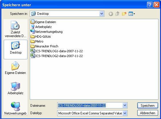 und Vergabe des Dateinamens. Empfohlen wird ein sprechender Dateiname (Innentemperatur,.
