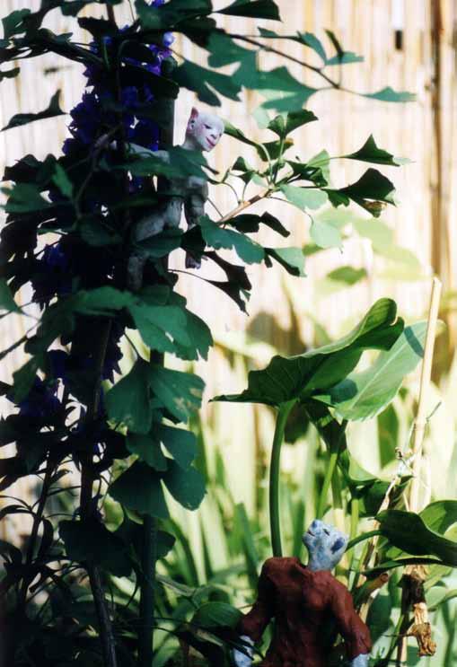 Etwas bewegte sich im Grün einer Pflanze zwischen den Blüten und großen glatten Blättern: Ein helles kleines Kerlchen mit spitzen