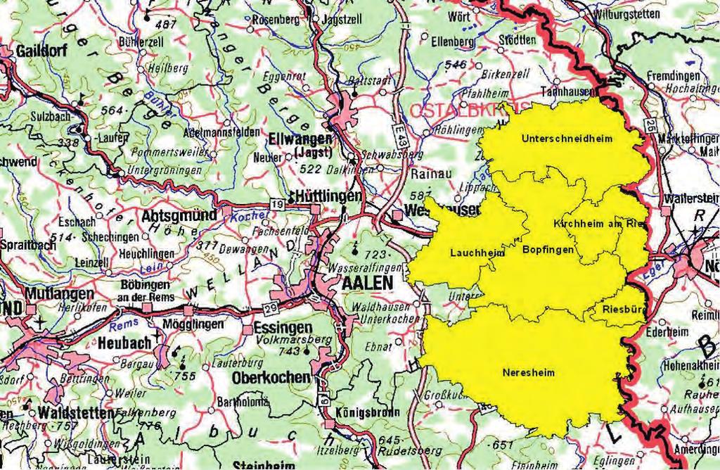 Kartengrundlage: Übersichtskarte 500 (1:500.000) Abbildung 2: Das Projektgebiet umfasst sechs Gemeinden im Ostalbkreis Gesteine, Sande und Tone.