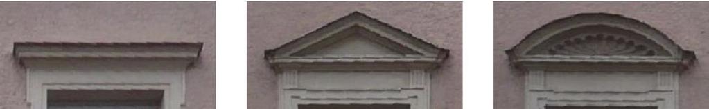 bogenförmige Fensterverdachungen vor (siehe Abb. 2). Deshalb beschränkt sich die Detektion von Verdachungen auf diese drei Erscheinungsformen. Abb. 2: Verdachungsformen: Fenstergesims (links), Dreiecksgiebel (Mitte) und Bogensegment (rechts).