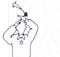Handzeichen Ausführung Grund Auf die Mittellinie zeigen Übertreten der Mittellinie oder das Indiaca-Pad kreuzt das Netz unten durch Beide Daumen senkrecht nach oben halten