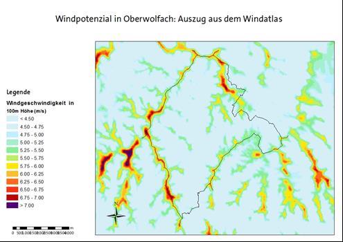 5. Potenziale Erneuerbarer Energien 39 Abbildung 26 - Potenzielle Windstandorte in Oberwolfach; Quelle: Windatlas BW 2011 Im Auftrag der Verwaltungsgemeinschaft Wolfach/Oberwolfach hat das