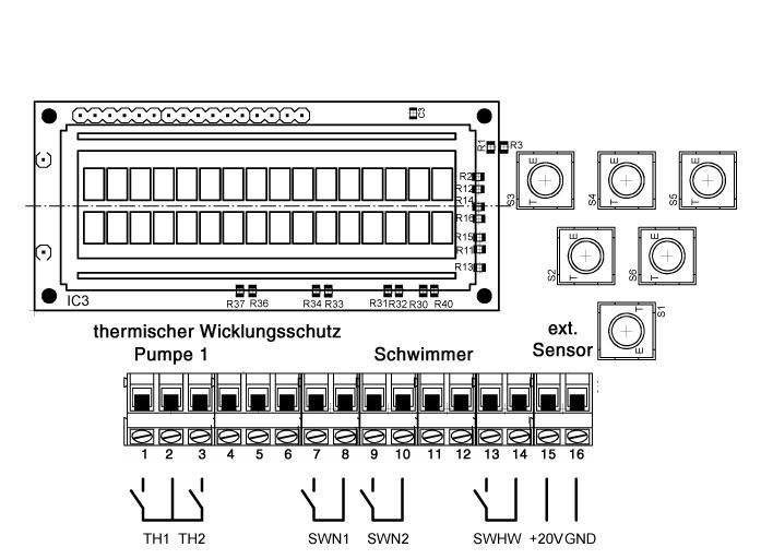 14 2.2.4 Anschluss der externen Sensoren Zum Anschluss der externen Sensoren dient die Klemmenleiste auf der oberen Leiterplatte.
