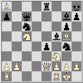 Stellung nach 20.Lxa8 (s. Diagramm) 20...Sd4! gewinnt nun schnell, da der Springer f3 wegen Dxh2 matt nicht schlagen darf. Die Drohung Sxf3+ nebst Dxh2 ist so stark, daß Weiß die Dame verliert. 20...Txa8 Weiß verliert den Springer f3, da Dxh2 matt droht.