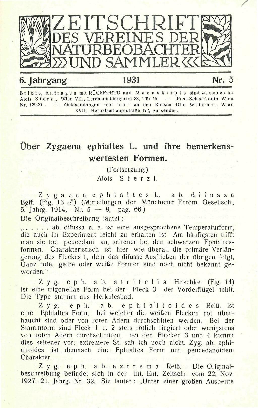 download unter www.biologiezentrum.at ZEITSCHRIFT DES VEREINES DER NATURBEOBACHTER 22 UND SAMMLER <S Nr. 5 1931 6.