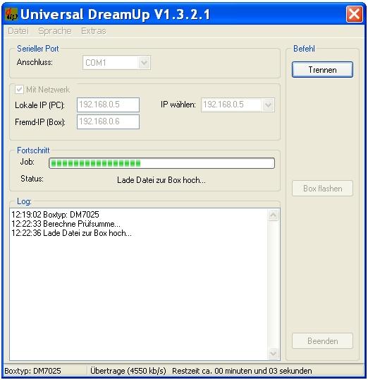 Die neue Software wird nun zur Dreambox übertragen.