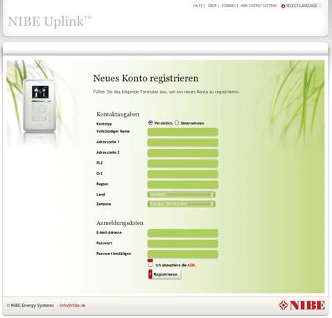 2 NIBE Uplink registrieren Wenn Sie nicht bereits ein Konto für NIBE Uplink besitzen, rufen Sie die Website http://www.nibeuplink.com/register auf und führen einige einfache Anmeldeschritte aus.