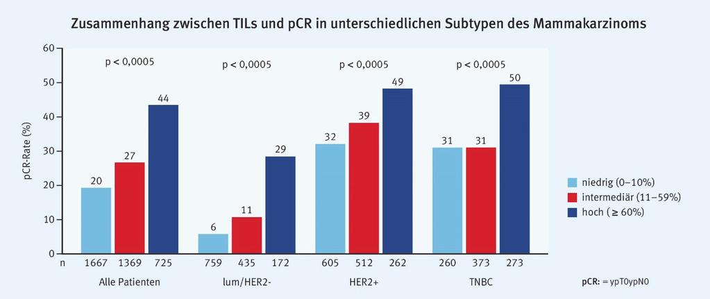 Abb. 5: Eine erhöhte Infiltration mit TILs führt in allen Tumorsubgruppen zu höheren pcr-raten (modifiziert nach Denkert C et al.