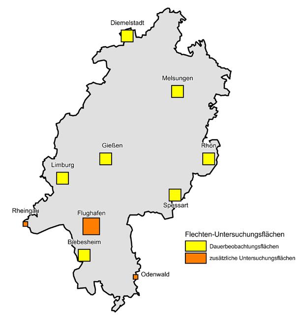 Hessisches Landesamt für Umwelt und Geologie Jahresbericht 2014 Das Land Hessen verfügt über sieben Dauerbeobachtungsflächen (DBF), eine weitere Untersuchungsfläche am Flughafen Frankfurt sowie