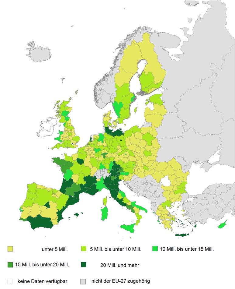 Aufsätze Die nachfolgende Karte gibt einen ersten Eindruck über die Zahl und die Verteilung der Übernachtungen von Inländern und Nichtinländern in den NUTS-2-Regionen der Europäischen Union.