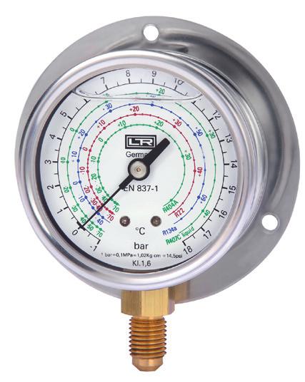 6 Gehäuse: Stahlblech, kunststoffbeschichtet Anschluß: Messing, axial Gewinde: 1/4 SAE oder 1/8 NPT Farbskalen für verschiedene Kältemittel.