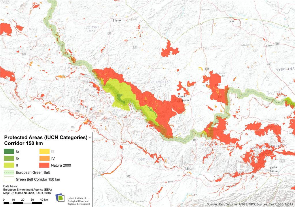 Protected areas in 150 km corridor IUCN
