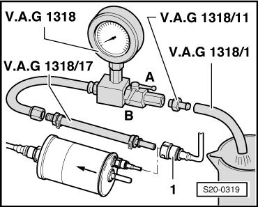 Schlauch -1- der Vorlaufleitung vom Kraftstofffilter-Eingang abziehen (Ausführung Filter mit integriertem Kraftstoff-Druckregler). Druckmessvorrichtung -V.A.G 118- mit Adapter -V.A.G 118/17 - an den Schlauch -1- anschließen.