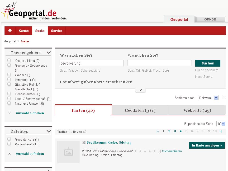 Geoportal.de der einfache Weg zu Geodaten Die Suche im Geoportal.de greift auf ca. 120.