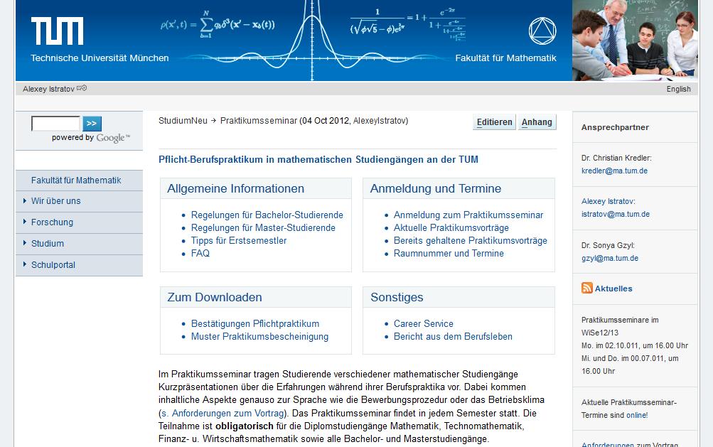 Department of Mathematics Informationen zum Pflicht-Berufspraktikum Web-Seite: www.