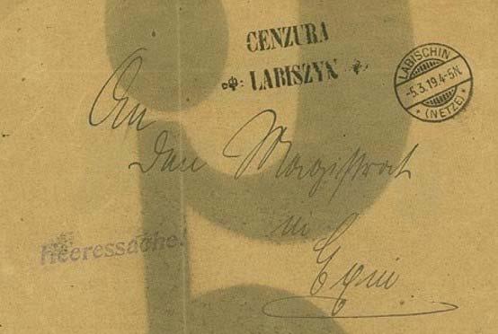 Łabiszyn (Labischin) Aus einem Kalenderblatt gefertigter Behelfsbrief mit einem weiterverwendetem deutschen Tagesstempel LABISCHIN * (NETZE) * (Łabiszyn) vom 5.3.1919 als portofreie Heeressache!