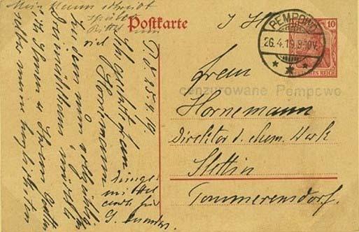 Pępowo (Pempowo) Deutsche Postkarte zu 10 Pfennig, mit weiterverwendetem deutschem Tagesstempel von PEMPOWO vom 26.4.1919 nach Stettin-Pommerensdorf.