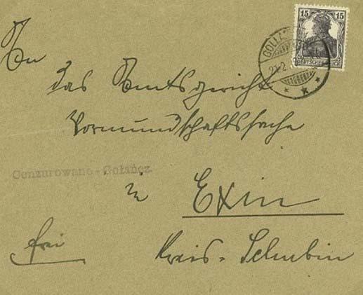 Gołańcz (Gollantsch) Portogerechter Brief, frankiert mit einer 15 Pfg-Germania nach deutschen Inlandstarif und einem weiterverwendeten deutschen Stempel