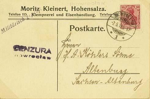 Inowrocław (Hohensalza) Karte nach Altenburg in Sachsen, frankiert mit einer 10 Pfg.-Germania, portogerecht nach dem deutschen Inlandstarif.