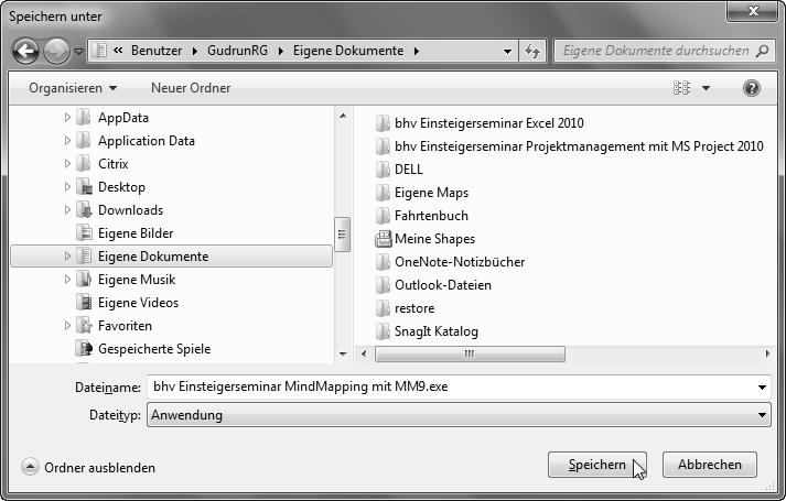 Mindmapping mit MM9.exe im Ordner Eigene Dokumente.