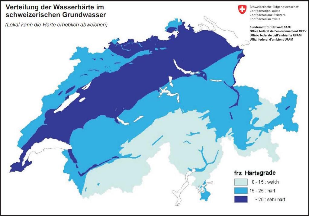 5/6 in der Schweiz Wie du bei den Versuchen gesehen hast, ist Kalk nicht nur in Gestein vorhanden, sondern auch in gelöster Form im Wasser. Je kalkhaltiger das Wasser, desto härter ist es.