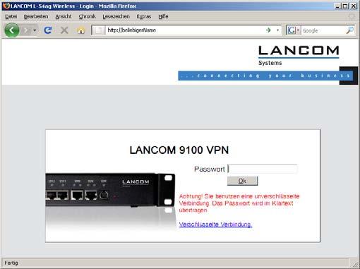 Im LANCOM 9100 VPN Kapitel 3: Grundkonfiguration werksseitigen Auslieferungszustand mit aktiviertem DHCP-Server leitet das Gerät alle eingehenden DNS-Anfragen an den internen Webserver weiter.
