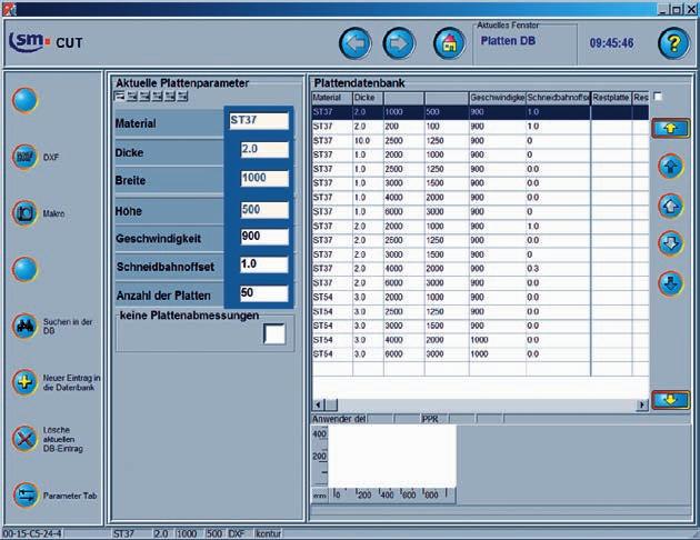 Datenbank Plattendatenbank Verwaltung von Werkstückplatten in einer Datenbank mit automatischer Übernahme der Einstellungen, wie z.b. Schnittgeschwindigkeit, Werkzeugkorrektur oder Anschnittgeometrie.