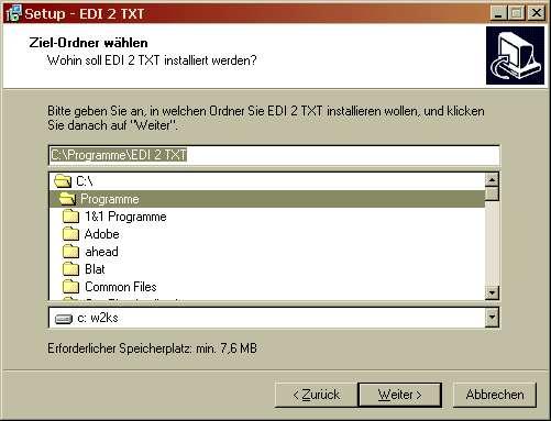 Nach einem Klick auf Weiter kann der gewünschte Zielordner für EDI 2 TXT gewählt werden Abbildung 3: Auswahl des Zielordners Der Setup-Assistent erzeugt noch einen Eintrag im Startmenü,