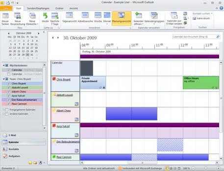 Terminplanung leicht gemacht: Mit einer neuen Ansicht Neu in Outlook 2010 ist die Planungsansicht zur Anzeige mehrerer Kalender.