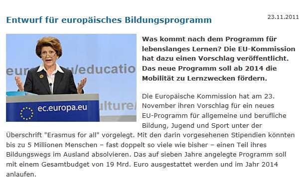 Neues Programm 2014-2020: "Erasmus für alle" Programmvorschlag der EU-Kommission am 23.11.