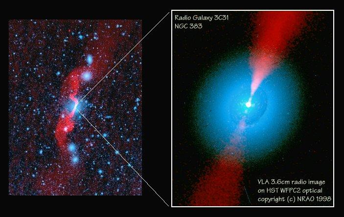 NGC 383 (= 3C31), eine Radio-Galaxie, blau: optisch, rot: Radio (A.
