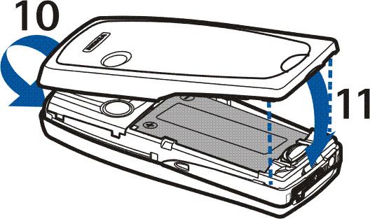 6. So setzen Sie das rückseitige Cover wieder auf: Positionieren Sie das obere Ende des rückseitigen Covers über dem oberen Teil des Mobiltelefons (10).
