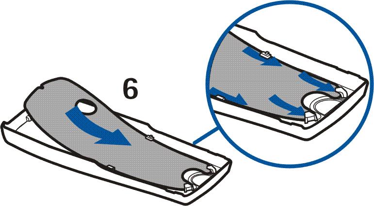 7. Positionieren Sie den Cover- Ausschnitt im rückseitigen Cover, indem Sie ihn unter den beiden Führungen in der Mitte und am Ende des rückseitigen Covers einführen (6). 8.