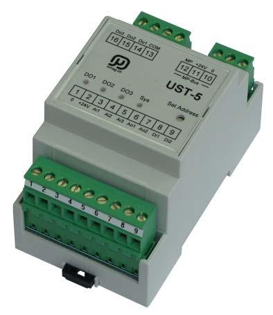 UST-5 Der Universelle Signal Transmitter UST-5 kommt zur Anwendung, wo analoge oder digitale Signale von/zu Feldgeräten wie Sensoren, Schaltern, Frequenzumformern, Leistungsschaltern etc.