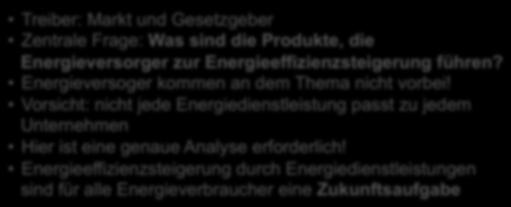 Fazit Treiber: Markt und Gesetzgeber Zentrale Frage: Was sind die Produkte, die Energieversorger zur Energieeffizienzsteigerung führen? Energieversoger kommen an dem Thema nicht vorbei!