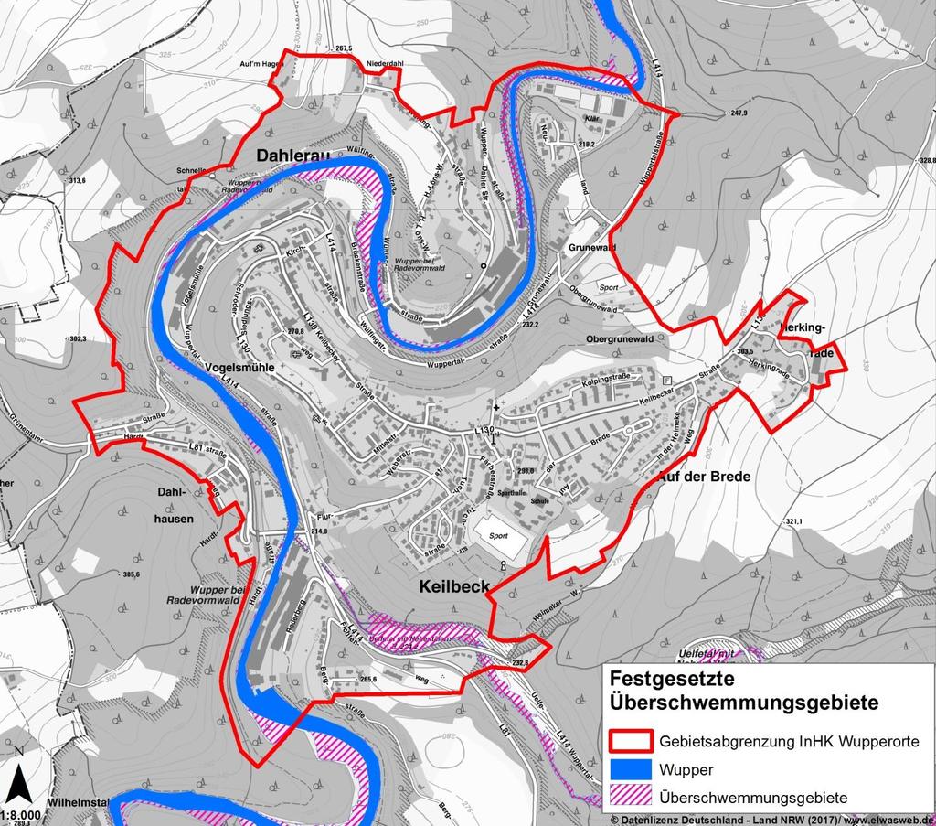 Abbildung 87 Festgelegte Überschwemmungsbereiche im Untersuchungsraum (Quelle: Stadt Radevormwald) Die Gewässergüte der Wupper innerhalb des Untersuchungsraums wird durch das Landesministerium als
