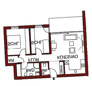 Wohnung B2 / B4 / B9 Wohnen/Essen/Kochen 26,59 m² Schlafen I 14,14 m² Schlafen II 11,22 m² Bad