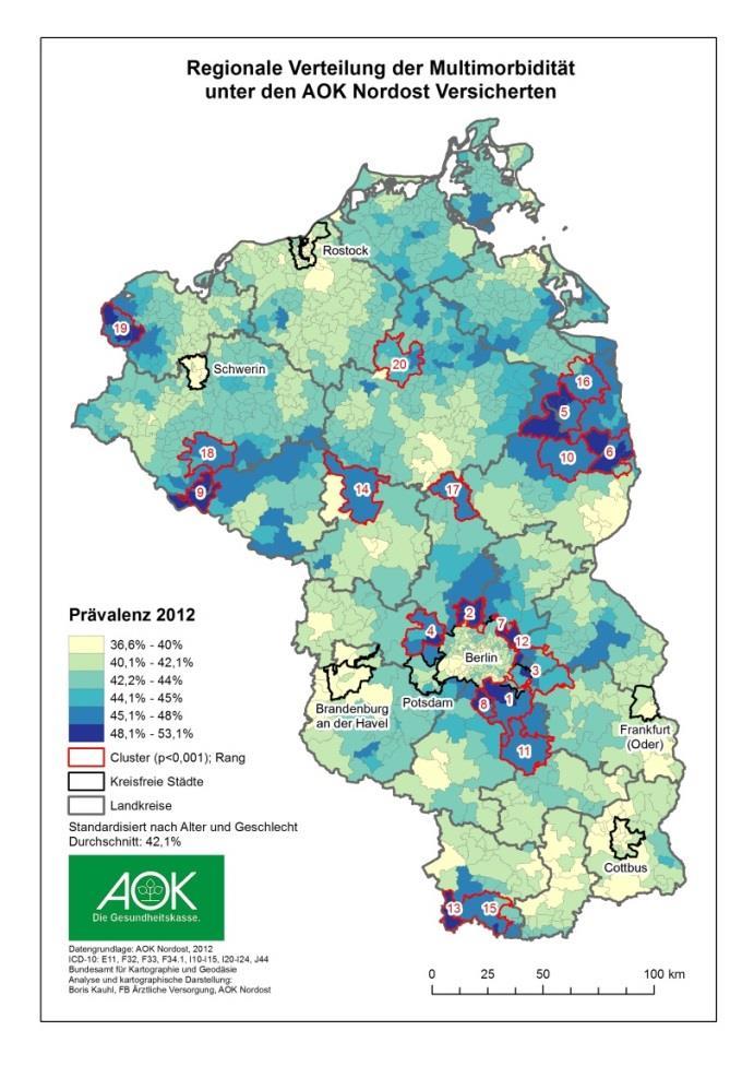 Regionale Verteilung der Erkrankungslast III Insgesamt ist die Prävalenz der Multimorbidität am höchsten im Berliner Speckgürtel und Teilen der Landkreise Elbe-Elster, Uckermark