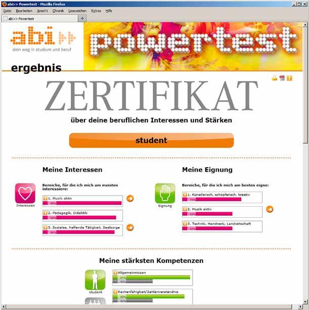 Gesamtauswertung Zertifikat Berufe > > drei Berufe, die am besten zu den Interessen passen > > drei Berufe, die am besten zu den Stärken passen > > sieben Berufe, die zu den Interessen und Stärken