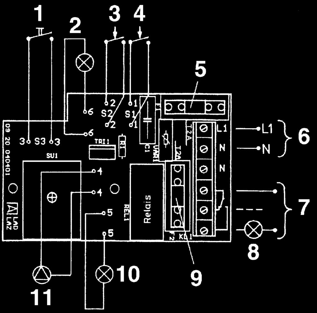 Montage und Inbetriebnahme Bild 6: Elektrischer Anschluss 1 Summer ein/aus 2 Lampe grün: Betrieb 3 Druckschalter Alarm 4 Druckschalter Pumpe 5 Netzsicherung 6 230 V/50 Hz 7 0-230 V AC/DC, max.