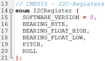 Abbildung 5 Die Enumeration für die I 2 C-Register Jeder der genannten Ausdrücke bekommt einen Index zugewiesen, wobei der erste den Start-Index definiert und alle nachfolgend aufgeführten jeweils